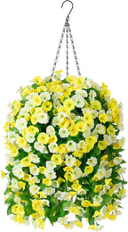 Artificial Flowers with Hanging Basket, Outdoor Faux Plants Silk Morning Glory Vines, Fake Green Arrangement for Garden Patio Spring Summer Decor(Yellow White)