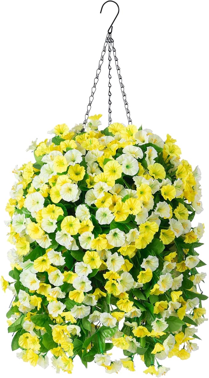 Artificial Flowers with Hanging Basket, Outdoor Faux Plants Silk Morning Glory Vines, Fake Green Arrangement for Garden Patio Spring Summer Decor(Yellow White)