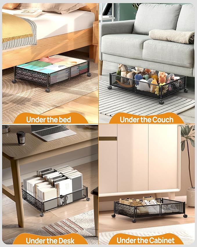 Under Bed Storage With Wheels, 4 Pack Foldable Pattern Carved Metal Under Bed Storage Containers, 60L Rolling Underbed Storage, Easy Assembly Under The Bed Storage for Shoes, Clothes, Blankets...