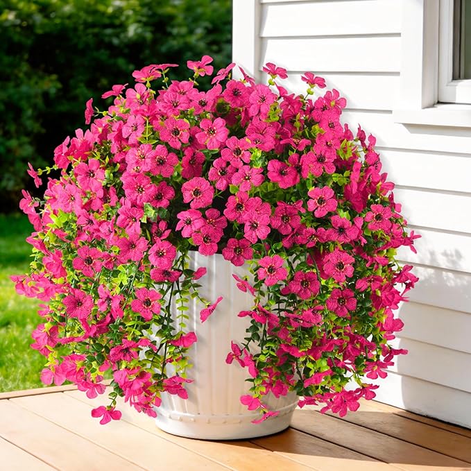 Artificial Faux Flowers Plants for Outdoor Spring Summer Decoration, 2PCS Fake Silk Daisy Flowers No Fade UV Resistant Realistic for Outside Home Planter Porch Patio Balcony Yard Decor (Rose Red)