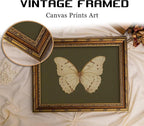 Vintage Gold Framed Wall Art Retro White Butterfly Canvas Print Dark Green Olive Insect Painting Picture Rustic Farmhouse Moth Cottagecore Poster Artwork for Living Room Bedroom