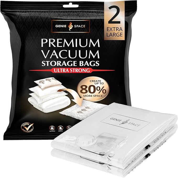 GENIE SPACE Premium Extra Large (XL) Vacuum Storage Bags – 40x30 in, Airtight, Reusable and Odor-Proof Space Saver Bags for Clothes, Bedding and Wardrobes, 2-Pack