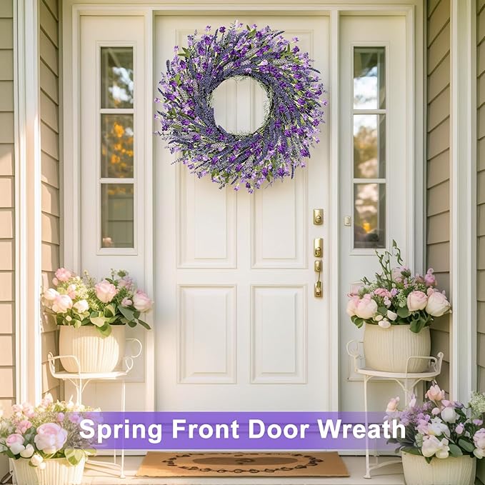 LZNPA 26 Inch Large Lavender Wreath for Front Door Greenery Summer Spring Wreaths for Front Door Wreaths for Front Door All Seasons for Wedding Farmhouse Wall Porch Window Decor(Purple Lavender)