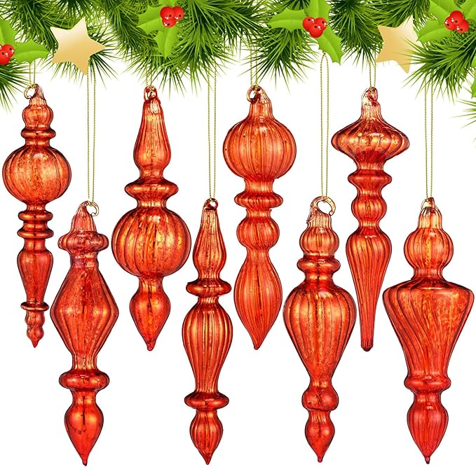 Mifoci 8 Pcs 6 Inch Mercury Glass Finial Christmas Ornaments Hanging Christmas Finials Glass Ornaments Assorted Mercury Decor for Vintage Holiday Xmas Tree Decoration(Copper Orange)