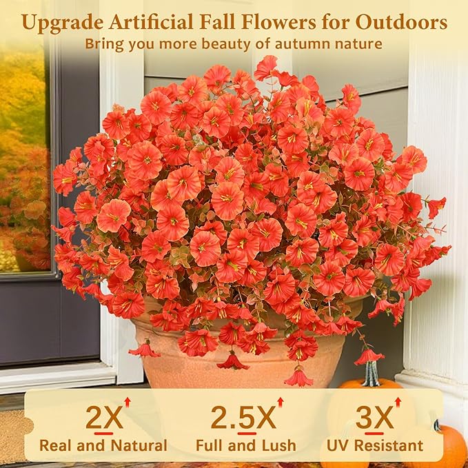 MARTINE MALL Artificial Fall Flowers for Outdoors, 24 Bundles Faux Fall Flower for Outdoor Planters, UV Resistant Fall Flowers Artificial for Outdoors Fake Autumn Petunias for Front Porch (Orange)