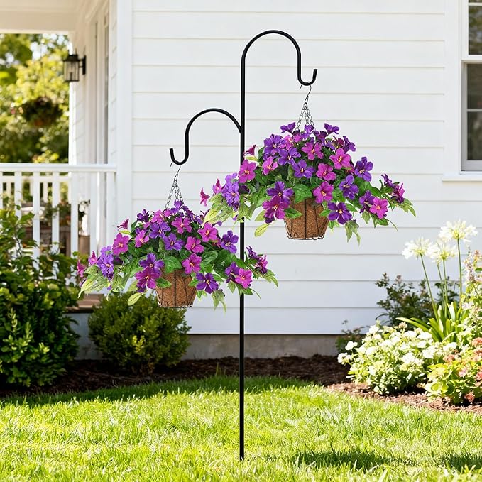 Homsunny Artficial Fake Hanging Flowers Plants with Baskets, 3PCS Silk Faux Outdoor Flowers UV Resistant Real Touch Plastic Flowers for Spring Garden and Home Patio Yard Decor (Light Purple Red)