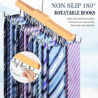 2PC Tie Rack Hanger for Closet Fitnice Upgraded Non Slip Tie Holder Organizer Space Saving with 20 Foldable Hooks Wooden Belt Hanger for Tank Tops Bras Cami Scarves