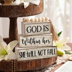 Lineshading 4 Pcs Christian Table Decor Rustic Wooden Block Sign Set with God Is Within Her She Will Not Fall Farmhouse Stacked Decor with Beaded Garland Tassel Christian Home Decors for Office, Shelf