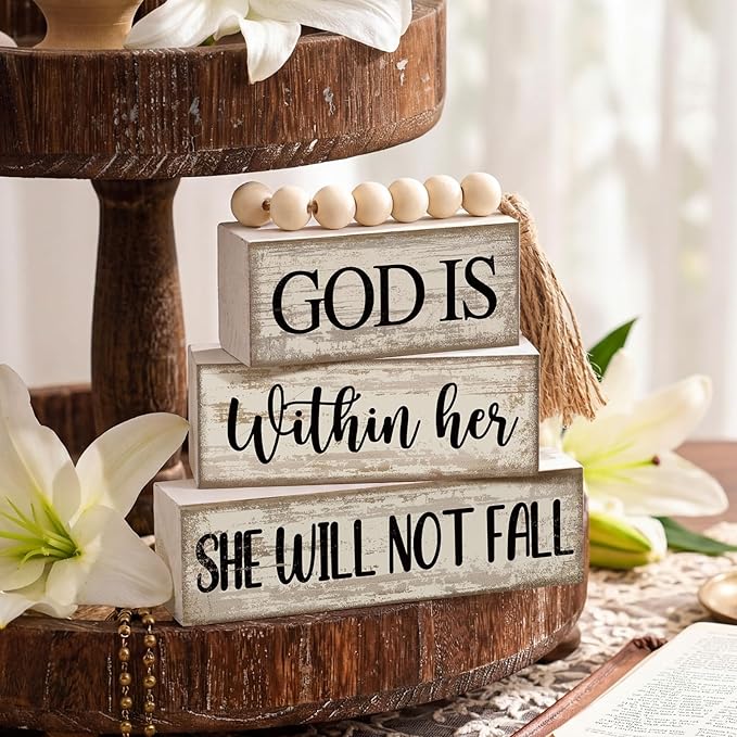 Lineshading 4 Pcs Christian Table Decor Rustic Wooden Block Sign Set with God Is Within Her She Will Not Fall Farmhouse Stacked Decor with Beaded Garland Tassel Christian Home Decors for Office, Shelf