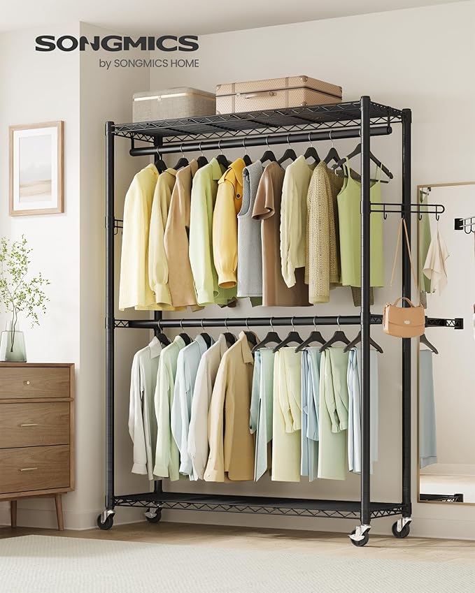 SONGMICS Heavy-Duty Rolling Clothes Rack, Garment Rack, Portable Closet on Wheels, with Adjustable Mesh Shelves and Hanging Rails, Hooks, 15.8 x 43.3 x 78.3 Inches, Ink Black ULGR417BH01