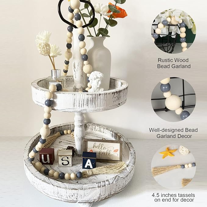 OMISHE Wood Bead Garland with Tassels 61 Inches, Boho Decorative Beads, Farmhouse Beads Garland for Home Tiered Tray Decor, Beige Gray