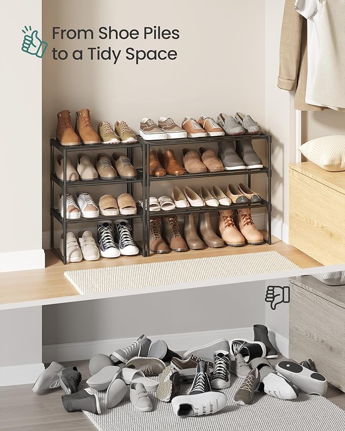 SONGMICS Shoe Rack, 3-Tier Shoe Organizer, Metal Storage Shelf, Upright or Upside Down, for 4-8 Pairs, Stackable, for Entryway, 11.8 x 16.7 x 21.5 Inches, Black ULSA003B01