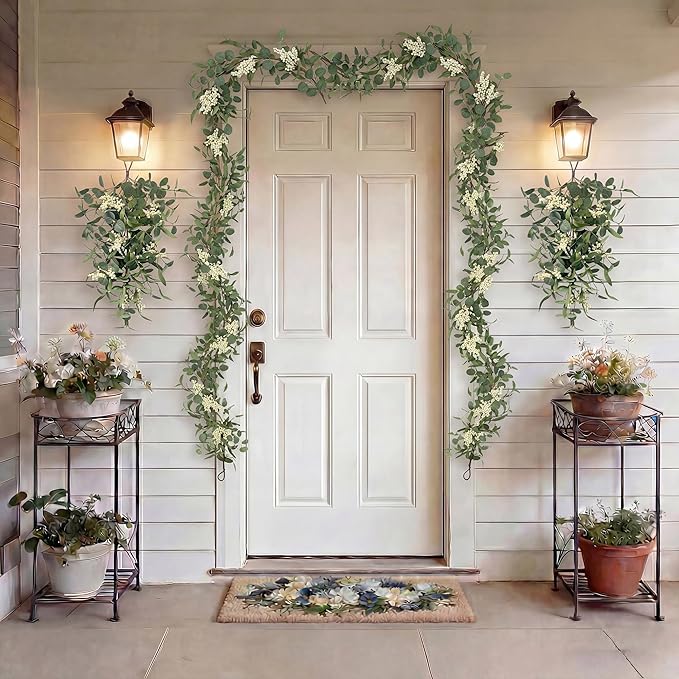 Pinkpum 20'' Eucalyptus Wreath 22'' Teardrop Swags Set 4 for Front Door Fireplace Hanging Porch Wall Home Window Kitchen Decor Farmhouse Garden Party Indoor Outdoor Summer Spring Fall All Seasons