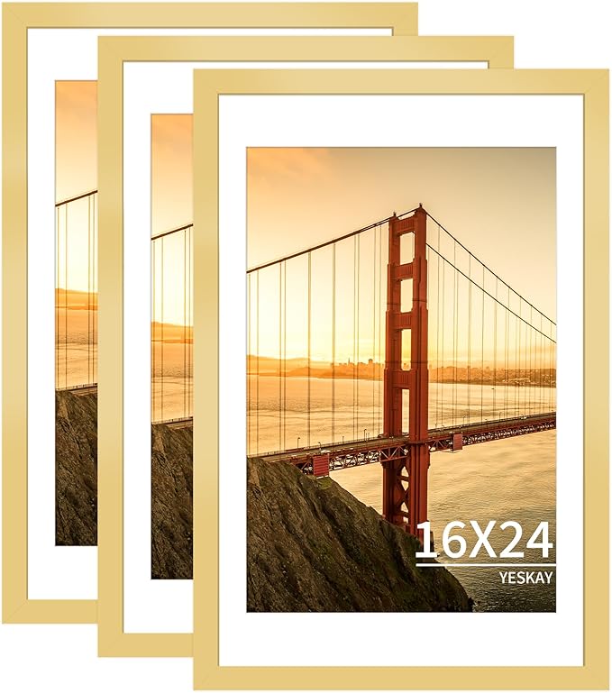 16x24 Picture Frame Gold Set of 3, Display Pictures 12x18 with Mat or 16 x 24 Without Mat, Poster Frames 16x24 Poster Frames for Wall Hanging Horizontal and Vertical