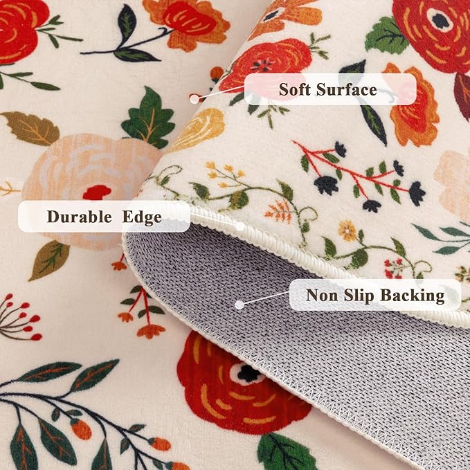 U'Artlines 6x9ft Floral Area Rug, Machine Washable Ultra Soft Low Pile Non Slip Non Shedding Accent Floor Carpet for Living Room, Bedroom, Dining Room, Office (Beige)