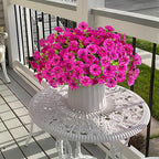 Artificial Flowers for Outdoors Decoration, 12 Bundles Fake Plastic Flower Plant, Faux Colorful Silk Morning Glory Eucalyptus for Outside Garden Porch Front Door Decor, Purple