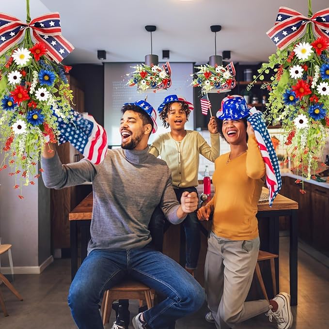 24inch Patriotic Red, White and Blue Floral Swag Wreath for Front Door Patriotic American Floral Teardrop Swags 4th of July Independence Day Rings Wreaths for Pillars Porch Wall Window Decor