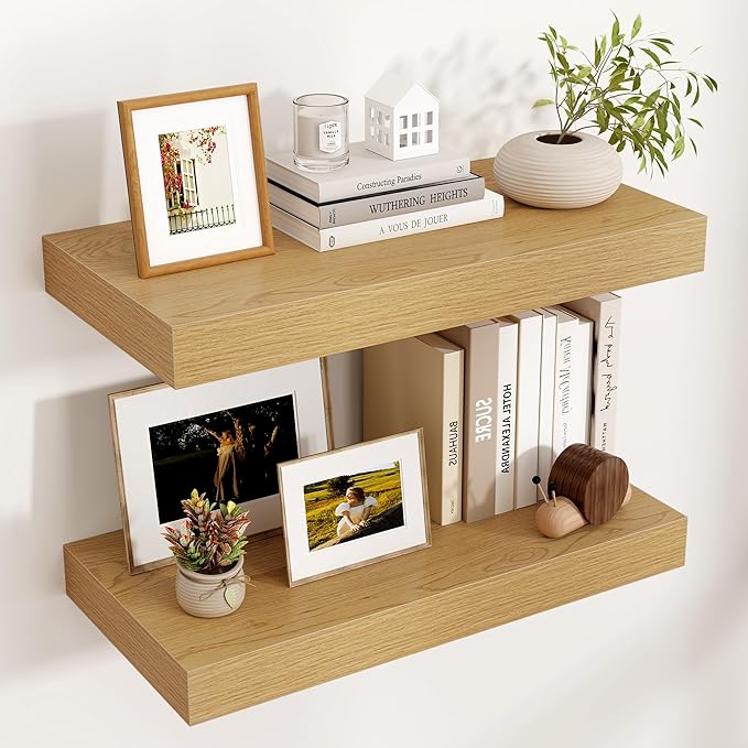 Venusmiles Floating Shelves for Wall, 24 Inch Wide x 12 Inch Deep Floating Shelves, Long Wood Floating Wall Shelf Shelves for Living Room Bathroom Bedroom Kitchen Home - (Oak, 24" W x 12" D x 2" H)