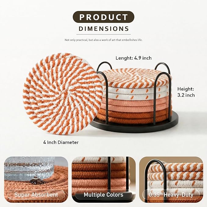 Lazebox Coasters Set of 8 for Drinks, 4 Inch Large Coasters for Coffee Table, Tabletop Protection for Hot & Cold Drinks, Versatile Coasters for Home Decor, Non-Slip & Easy to Clean, Orange