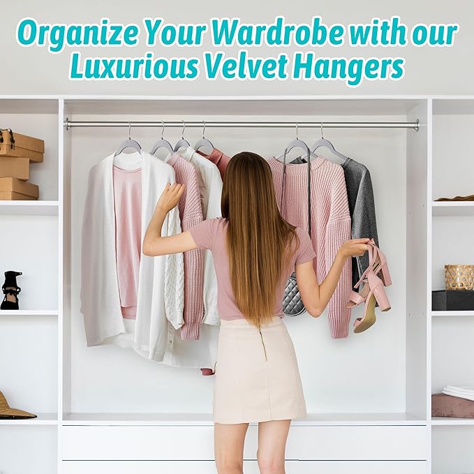 Premium Velvet Shirt Hangers 50 Pack, Space-Saving Non-Slip Felt Hanger with 360° Swivel Hook, Slim Flocked Hangers for Strappy Dresses, Blouses, Tank Tops(Grey)