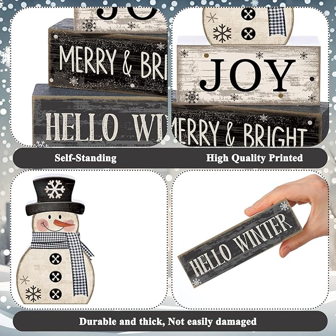 Lineshading 4 Pcs Snowman Christmas Table Decorations Black and White Wooden Snowman Stacked Block Sign Gifts Winter Tiered Tray Decor Rustic Winter Tabletop Centerpiece Farmhouse for Home Kitchen