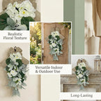 18.9 Inch Artificial Teardrop Swag with Burlap Bow, Farmhouse Decor for All Seasons, Green and White Faux Wreath for Front Door, Wall, or Wedding