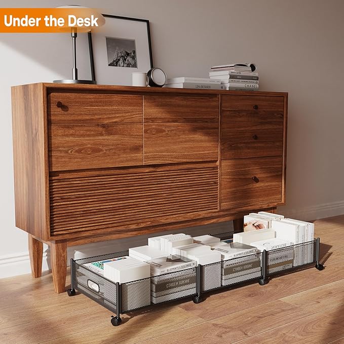 Under Bed Storage With Wheels, 47.2''/90lbs/57.6L, Metal Frame Under Bed Rolling Storage, Tool-Free Assembly Underbed Drawers, Underbed Organizer Containers for Shoes, Clothes and Toys (2 Pack)