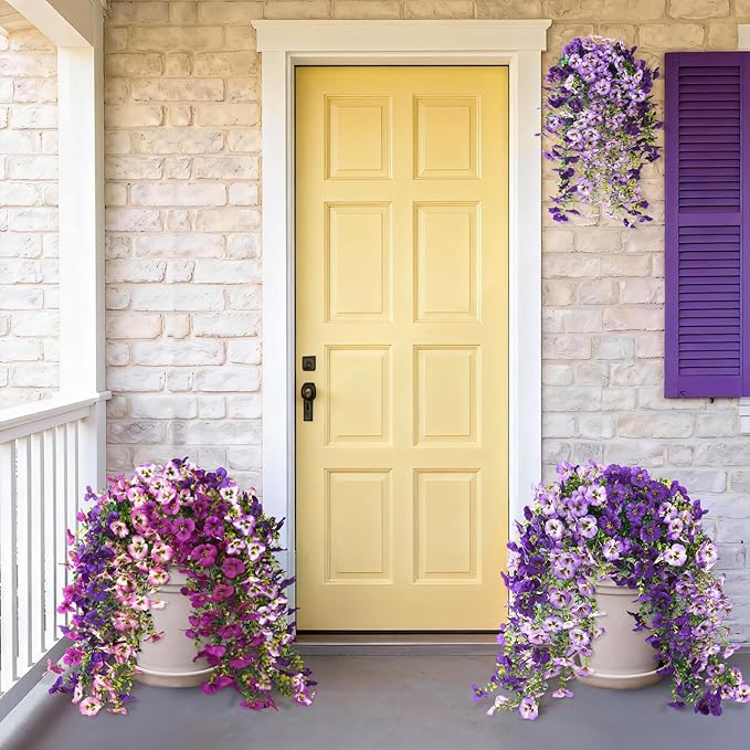 Fake Artificial Flowers for Outdoors, 4 Pcs Faux Hanging Pansy Flowers Spring Summer Decor, UV Resistant Fake Plants Silk Flower for Planter Front Door Porch Patio Yard Garden(Gradient Double Purple)
