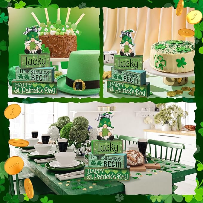 Moucuny 4 Pcs St. Patrick's Day Table Decoration Irish Tiered Tray Decor Wooden Gnome Shamrocks Block Signs Happy St. Patrick's Day Centerpiece for Tables Irish Wooden Sign for Home Decor