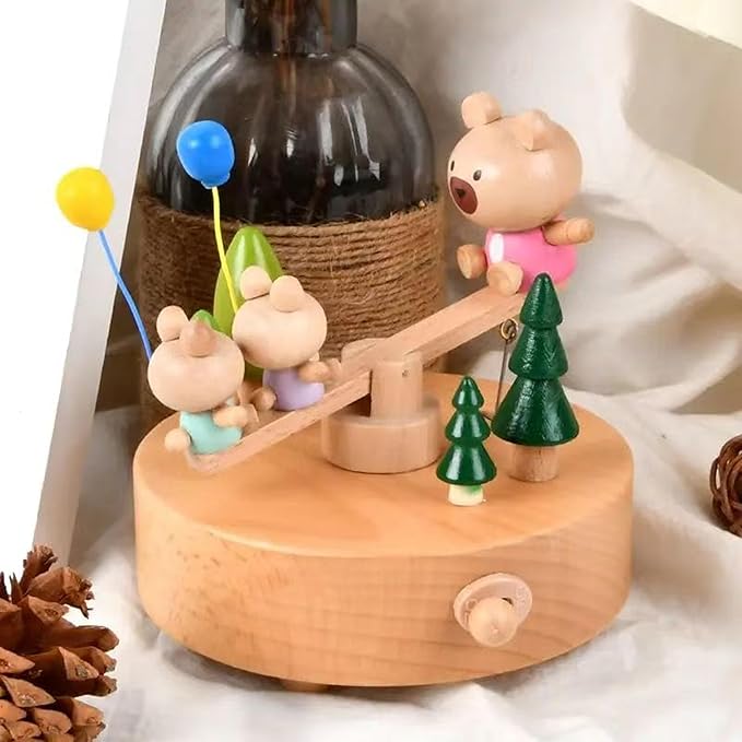 Natural Solid Wood Handcrafted Beech Wooden, Musical FigureTotoro/Carousel/Fairy/Ballerina Figurine,Rotating Hand Crank Mechanism Music Box,Musical Decorations (Seesaw)