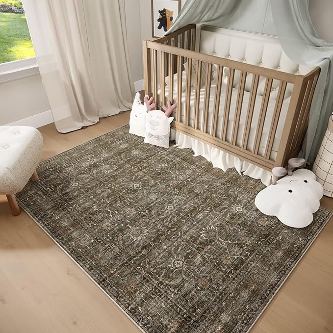 Washable 3x5 Entryway Rug, Boho Non-Slip Vintage Distress Small Rugs for Kitchen Nursery Office Bedroom, 0.3" Neutral Oriental Throw Thin Carpet with Cushioning Pad, Rust/Multi
