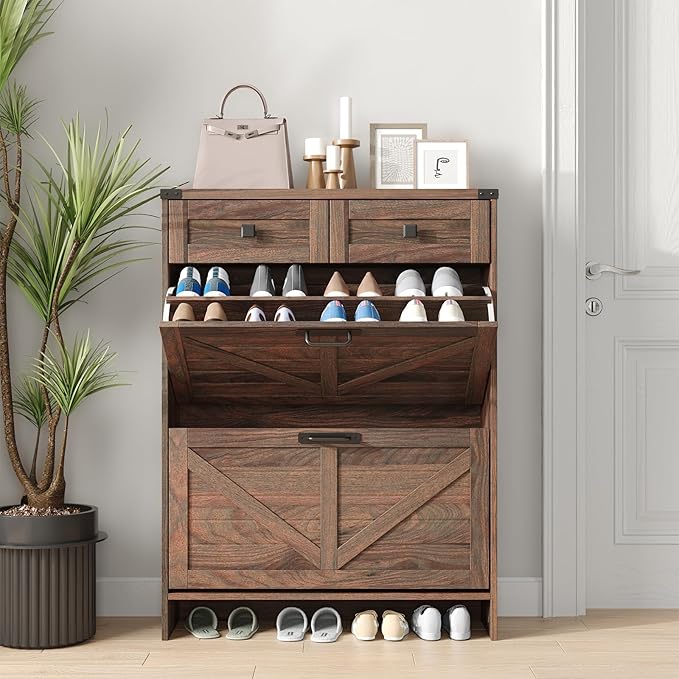 Shoe Cabinet with 2 Flip Drawers & 2 Drawers,Farmhouse Shoe Storage Cabinet for Entryway,Slim Freestanding Narrow Organizer Rack for Front Door Entrance,Dark Walnut
