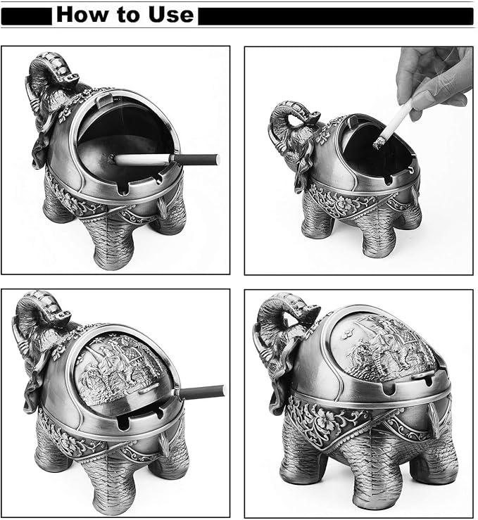 LAUYOO Metal Elephant Ashtray with Lid Windproof Ashtray Outdoor, Indoor Ashtrays for Weed, Vintage Practical Decoration Ashtrays for Cigarettes Great Gift for Men Women(Pewter)