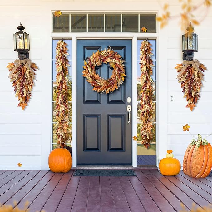Glitzhome 2 Pcs 28'' Artificial Fall Teardrop Swags, Autumn Harvest Multi-Colored Sorghum Door Swag, Hanging Flower Wreath for Thanksgiving Fall Front Door Window Wall Decor