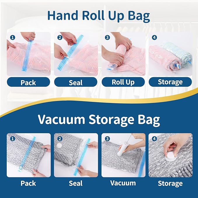 Vacuum Storage Bags with Electric Pump, 12 Pack (2 Roll-Up,3 Small,3 Medium,2 Large,2 Jumbo), Heavy Duty PA+PE Space Saver Bags for Clothes, Bedding, Home & Travel