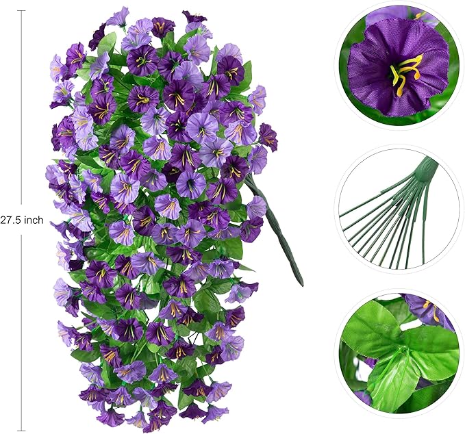 Artificial Fake Hanging Flowers Plants for Outdoor Decoration, 2PCS Faux Silk Morning Glory Long Vines Stems UV Resistant Look Real for Spring Summer Outside Home Porch Patio, Purple