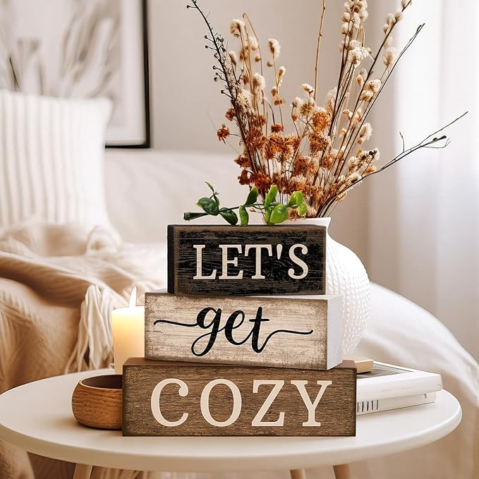 Moucuny 4 Pcs Farmhouse Table Decor Inspirational Wooden Signs Rustic Eucalyptus Leaves Wooden Block Sign Gift Let's Get Cozy Farmhouse Table Centerpiece for Living Room Housewarming Gift