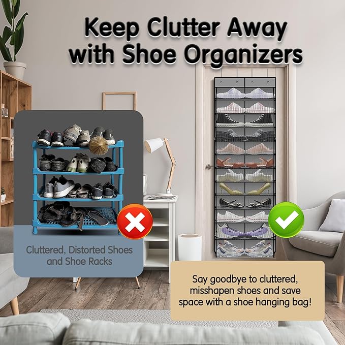 Over The Door Shoe Organizer with 12 Large Breathable Pockets - Durable Hanging Storage for the Entire Family's Shoes (Gray)
