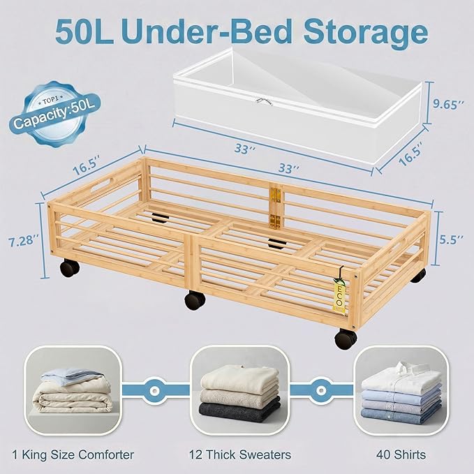Under Bed Storage Containers with Wheels, Larger Bamboo Wood Under Furniture Storage Containers with Dust Bags，Rolling for Shoes Clothes