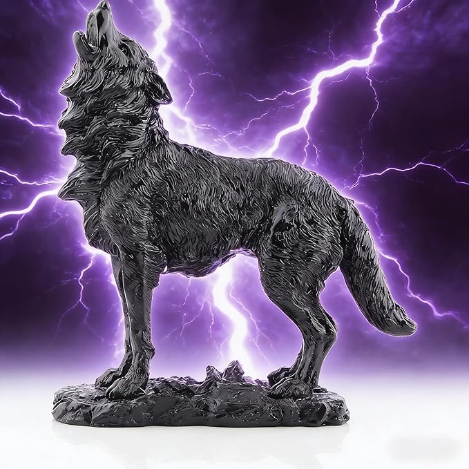Black Howling Wolf Statue, Realistic Wild Wolf Sculpture, Resin Animal Figurine for Home Decor, Office Desk, Shelf, Wildlife Lover Gift