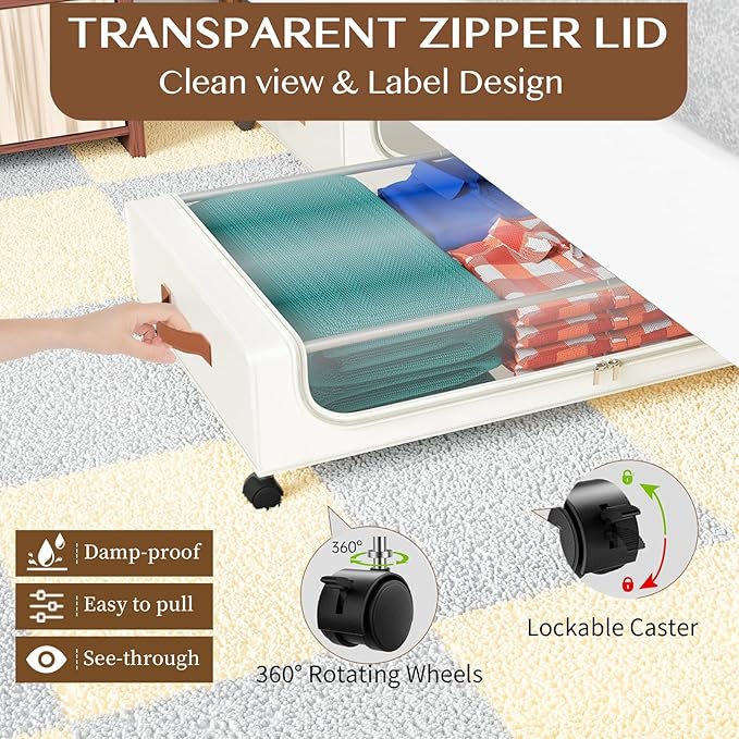 Under Bed Storage with Wheels, UnderBed Storage Containers with Clear Lid and Handles, XXL 60L Under the Bed Storage Bins Drawers for Clothes,Blankets,Shoes,Books (WHITE, 2 PACK)