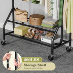 Clothes Rack with 2 Shelves, Heavy Duty Garment Rack Load 450 LBS, Standing Rolling Metal Hanging Clothes with Sturdy Wheels & Shelves