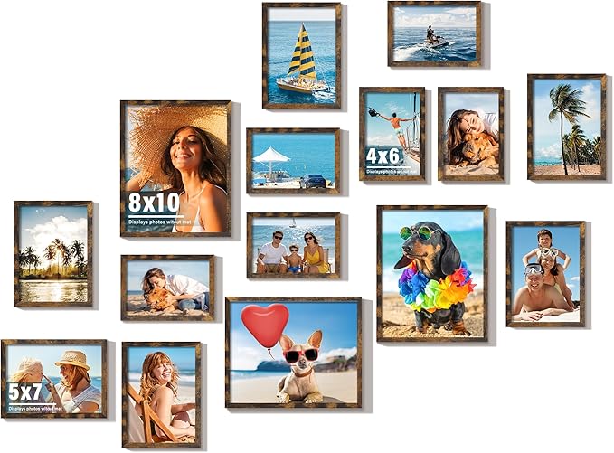 15 Pack Picture Frames Collage Wall Decor, Brown Frame Set with 3pcs 8x10, 6pcs 5x7, 6pcs 4x6 for Gallery Display, Wall Mounting & Tabletop, Bulk Photo Frames for Living Room Decor