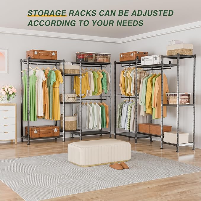 LEHOM G6M Heavy Duty Clothes Rack for Hanging Clothes, Portable Garment Rack Compact Size Closet Organizer, Freestanding Metal Clothing Rack Wardrobe Closet with Storage Shelves for Bedroom(Medium)