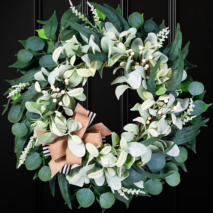 Artificial Wreaths for Front Door Year Round, 20-22" Green Eucalyptus Spring Summer Wreath with Lamb’s Ear Willow Ficus Leaves Bow, Modern Farmhouse Home Decor Porch Indoor Outdoor