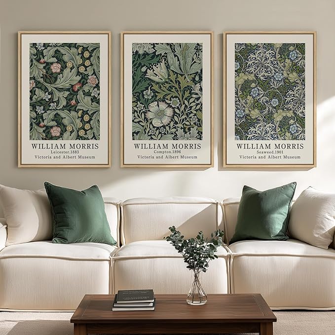 Large Framed William Morris Green Wall Art, 3 Piece Vintage Floral Canvas Prints, Retro Botanical Wall Decor for Living Room Bedroom Hallway Office, 24x36 Inch