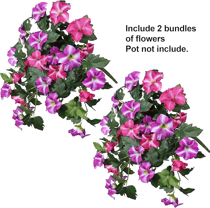 HyeFlora Artificial Flowers for Outdoors 2PCS Spring Faux Morning Glory Look Real Silk Flowers for Outside Planter UV Resistant Fake Flowers for Home Garden Balcony Yard Porch Deco