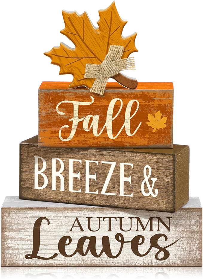 Lineshading 4 Pcs Fall Decoration for Home Wooden Maple Leaf Thanksgiving Table Centerpiece Rustic Thanksgiving Tiered Tray Decor Decorative Autumn Leaves Block Sign Farmhouse Autumn Decor for Kitchen