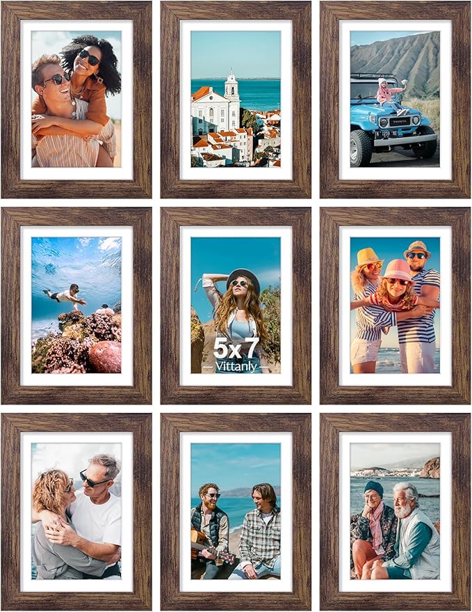 Vittanly 5x7 Picture Frames Set of 9, Shatter Resistant Plexiglass, Display 4x6 Pictures with Mat or 5x7 without Mat, Photo Frames for Wall or Tabletop, Engineered Wood, Brown