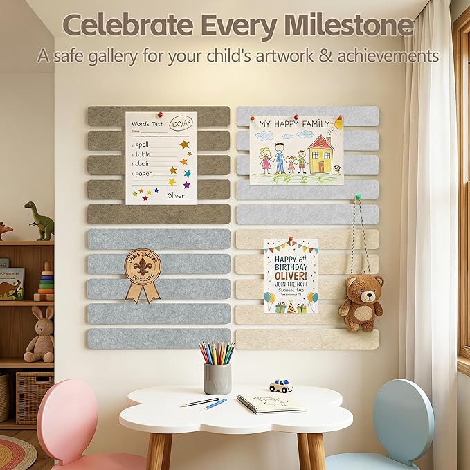 Cork Board for Walls - 8 Pack Felt Pin Board Bar Strips - Self-Adhesive Lightweight Bulletin Board - Cork Board for Office with 40 Push Pins No Damage for Wall